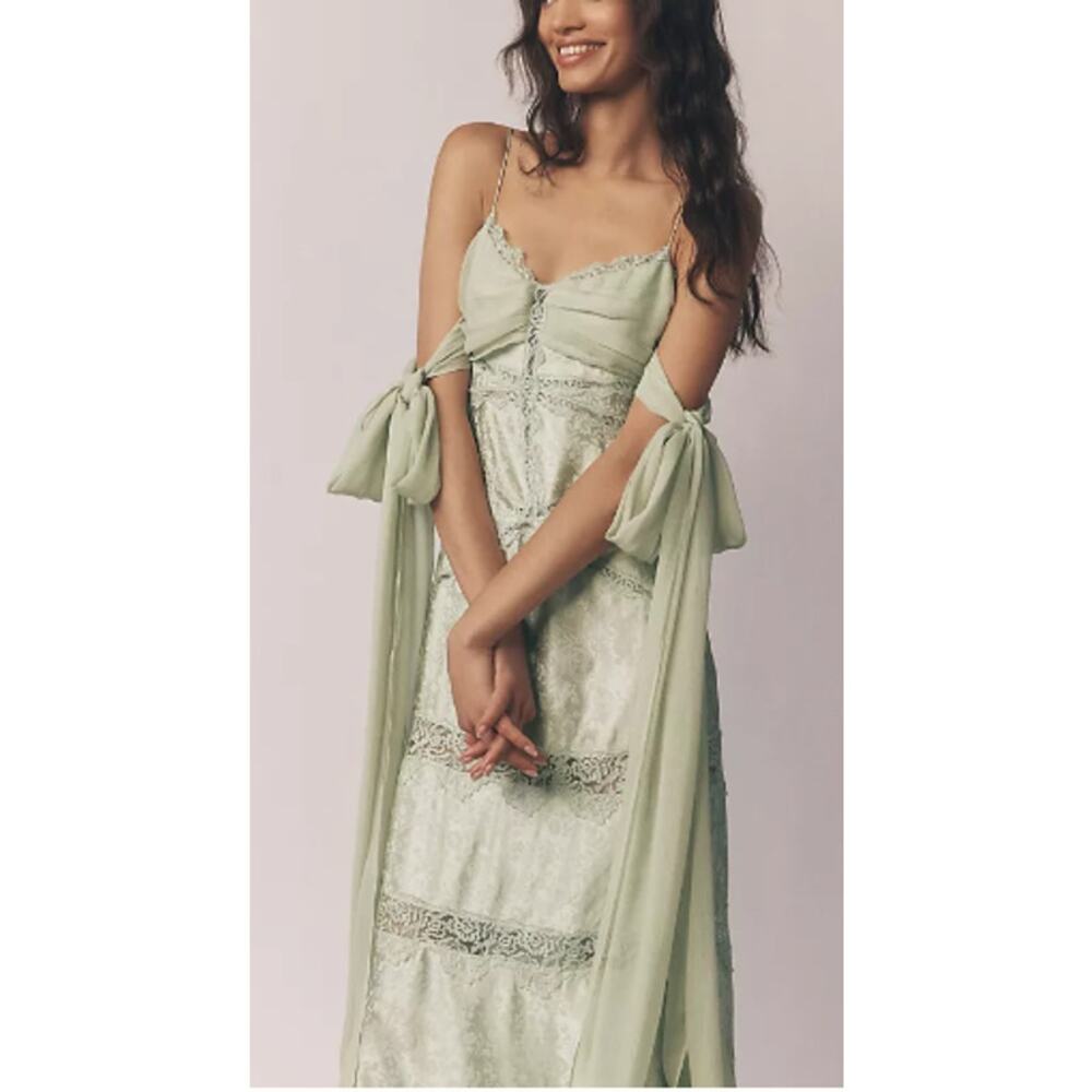 For Love & Lemons Green Rita Lace Silk Maxi Gown Dress Size Small S NWT Luxury